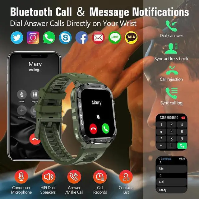 Alt view image 2 of 5 - Military Smart Watch for Men 1.96 Inches Outdoor Sports Smartwatch with Answer/Make Call,Fitness watch,Blood Oxygen,Heart Rate and Sleep Monitor Compatible with iPhone and Android Phones