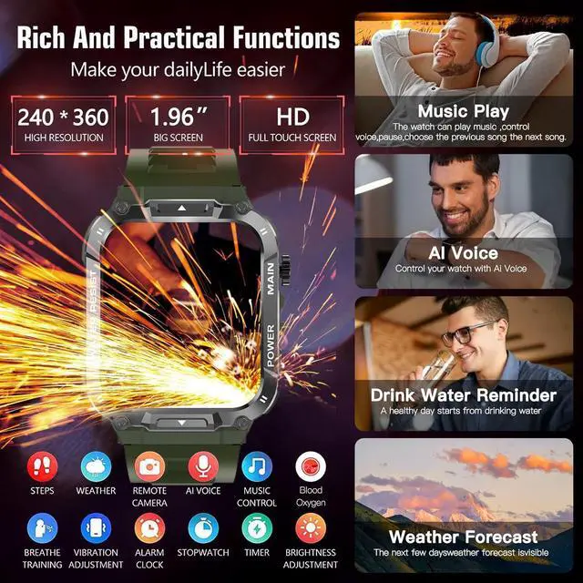 Alt view image 3 of 5 - Military Smart Watch for Men 1.96 Inches Outdoor Sports Smartwatch with Answer/Make Call,Fitness watch,Blood Oxygen,Heart Rate and Sleep Monitor Compatible with iPhone and Android Phones