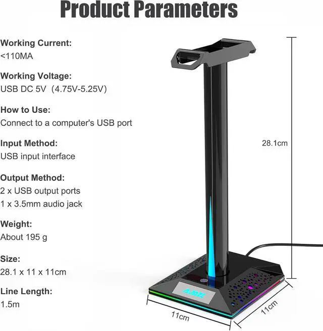 Alt view image 4 of 4 - RGB Gaming Headphone Stand - Headset Stand with 3.5mm AUX and 2 USB Ports, Headset Holder Hanger for Game Accessories