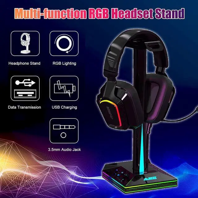 Alt view image 3 of 4 - RGB Gaming Headphone Stand - Headset Stand with 3.5mm AUX and 2 USB Ports, Headset Holder Hanger for Game Accessories