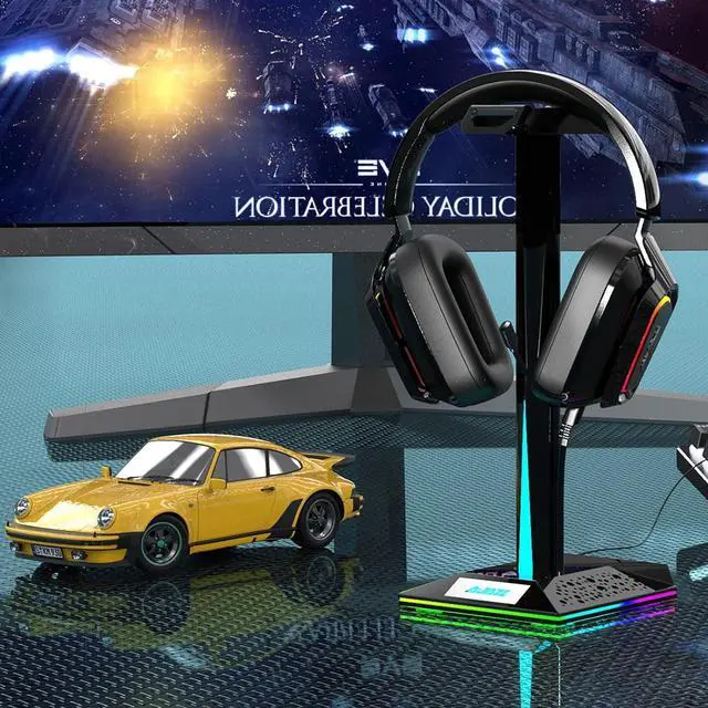 Alt view image 2 of 4 - RGB Gaming Headphone Stand - Headset Stand with 3.5mm AUX and 2 USB Ports, Headset Holder Hanger for Game Accessories