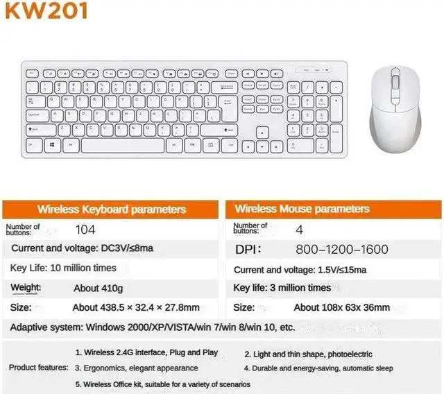 Alt view image 2 of 5 - Corn Electronics KW201 Wireless Keyboard Suit Game Office Dust Mouse Keyboard Keys 104 Set For Laptop Desktop Windows 98/2000/XP/10/11