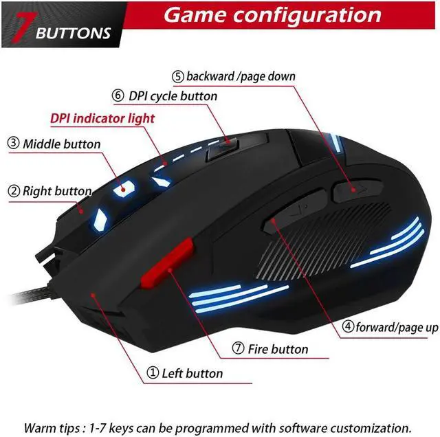 Alt view image 3 of 6 - Corn Electronics T-60 Wired Gaming Mouse 3200 DPI Adjustable 7 Buttons Led Optical Gaming Mice for Laptop Desktop Gamer