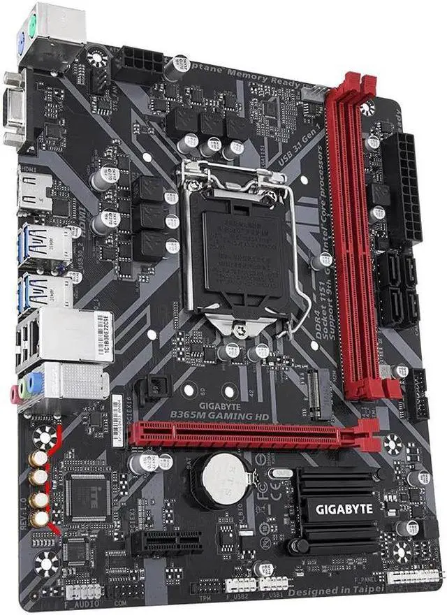 Main image of GIGABYTE B365M GAMING HD motherboard with GIGABYTE 8118 Gaming LAN, PCIe Gen3 x4 M.2, Anti-Sulfur Resistor, Smart Fan 5, CEC 2019 ready