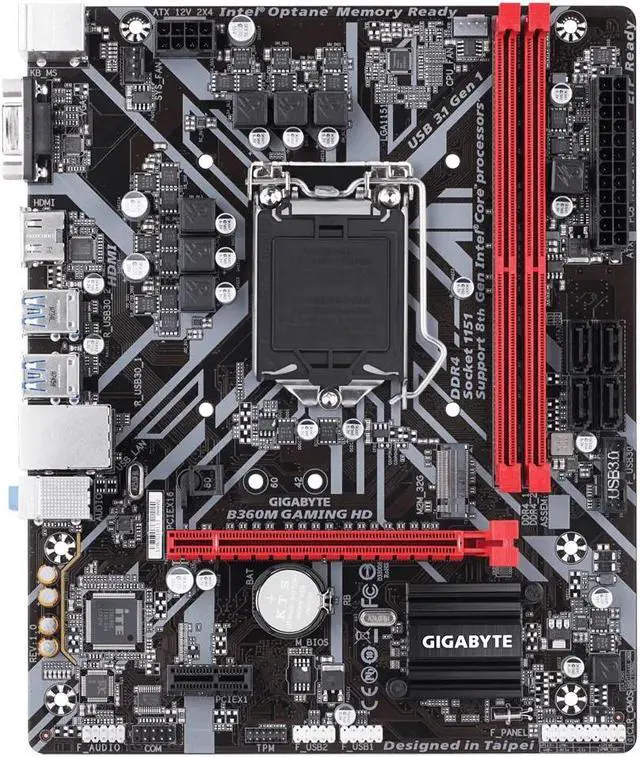Main image of GIGABYTE B360M GAMING HD motherboard with GIGABYTE 8118 Gaming LAN, PCIe Gen3 x4 M.2, Anti-Sulfur Resistor, Smart Fan 5, CEC 2019 ready