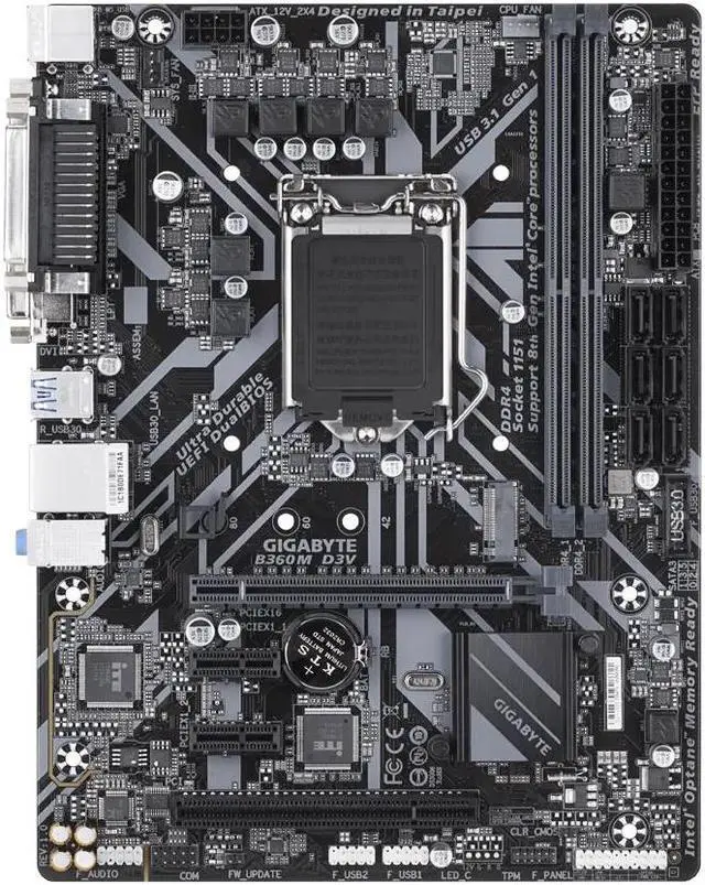 Main image of GIGABYTE B360M D3V motherboard with GIGABYTE 8118 Gaming LAN, PCIe Gen3 x4 M.2, Anti-Sulfur Resistor, Smart Fan 5, DualBIOS, CEC 2019 ready