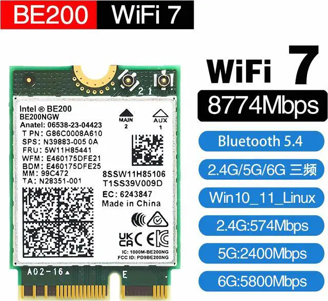 Alt view image 2 of 7 - WiFi 7 BE200 NGW Wireless Card, Tri-Band 6GHz/5GHz/2.4GHz M.2 NGFF Bluetooth 5.4, Support Windows 10/11(64 bit)/Linux, Not Support AMD. (Single Card)