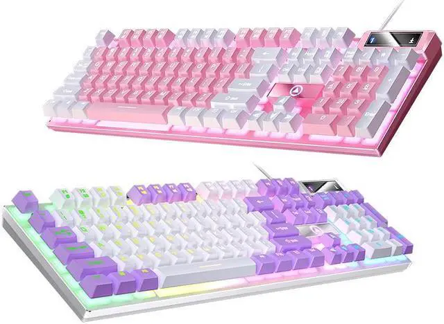 Alt view image 2 of 5 - Mechanical Feeling Gaming Keyboard Full Size 104-Keys for PC and Laptop, 26 Anti-ghosting Keys,Pink keyboard Wired White Backlit