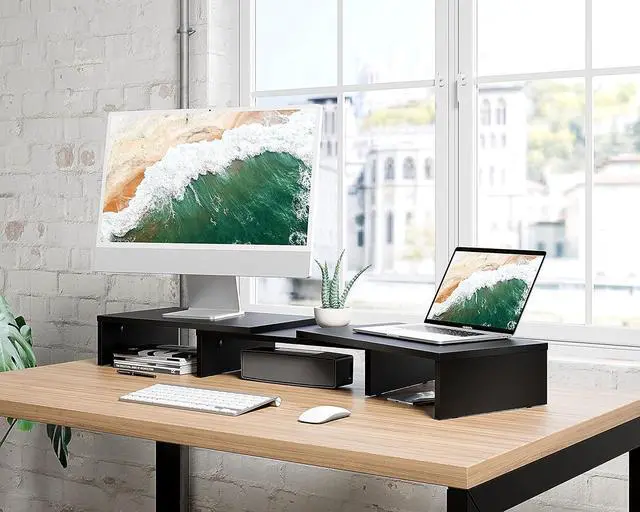 Alt view image 7 of 7 - Desk Dual Monitor Stand Riser - Computer Stand For Desktop Monitor, Desk Shelf For Monitor, Wood Monitor Stand With Adjustable Length And Angle, Desktop Organizer, Large Monitor Stand (Black)