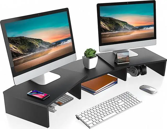 Main image of Desk Dual Monitor Stand Riser - Computer Stand For Desktop Monitor, Desk Shelf For Monitor, Wood Monitor Stand With Adjustable Length And Angle, Desktop Organizer, Large Monitor Stand (Black)