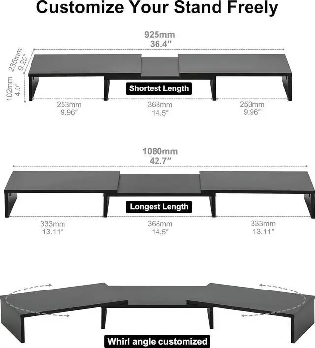 Alt view image 5 of 7 - Desk Dual Monitor Stand Riser - Computer Stand For Desktop Monitor, Desk Shelf For Monitor, Wood Monitor Stand With Adjustable Length And Angle, Desktop Organizer, Large Monitor Stand (Black)