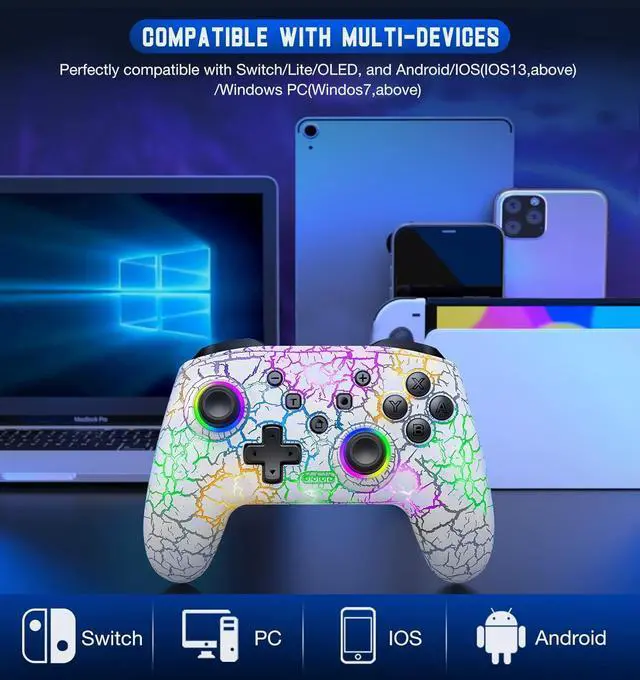 Alt view image 2 of 7 - Switch Controller, Gammeefy Wireless Switch Pro Controller for Nintendo Switch/Lite/OLED, 9 Color Adjustable LED Switch Remote Compatible with Windows PC/Android/IOS/Xbox 360 with Programmable (White)