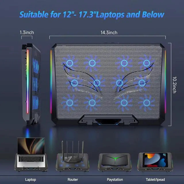Alt view image 2 of 7 - Laptop Cooling Pad with 12 Quiet Fans, Slim Portable for 12-17.3 Inch Laptop Cooler Stand with 5 Height Adjustable, Ergonomic Gaming Cooling Fan Pad with Two USB Ports & Phone Holder (Gear)