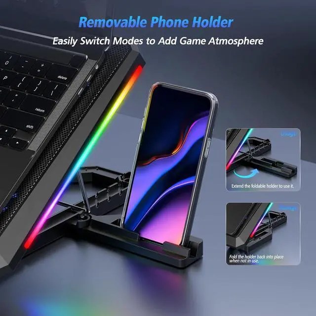 Alt view image 3 of 7 - Laptop Cooling Pad with 12 Quiet Fans, Slim Portable for 12-17.3 Inch Laptop Cooler Stand with 5 Height Adjustable, Ergonomic Gaming Cooling Fan Pad with Two USB Ports & Phone Holder (Gear)