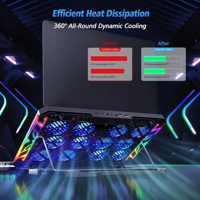 Alt view image 5 of 7 - Laptop Cooling Pad with 12 Quiet Fans, Slim Portable for 12-17.3 Inch Laptop Cooler Stand with 5 Height Adjustable, Ergonomic Gaming Cooling Fan Pad with Two USB Ports & Phone Holder (Gear)