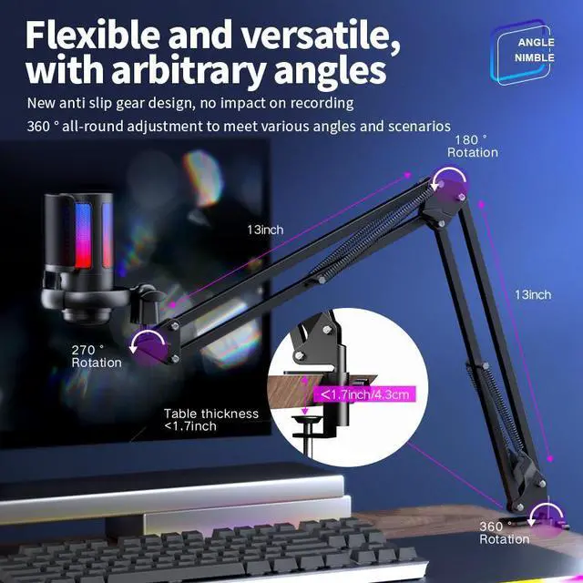 Alt view image 2 of 7 - CORN Gaming PC USB Microphone, Podcast Condenser Mic with Boom Arm, Pop Filter, Mute Button for Streaming, Twitch, Online Chat, RGB Computer Mic for PS4/5 PC Gamer Youtuber-AmpliGame ME6S