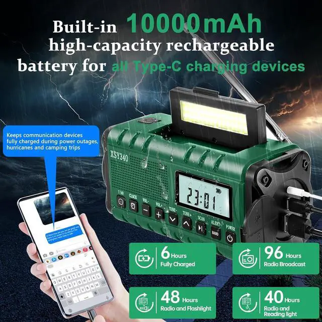 Alt view image 7 of 7 - Auto NOAA Alert Digital Weather Radio 10000 Solar Hand Crank AM FM Shortwave Portable Battery Operated Emergency Survival Radio with Camping Flashlight,Reading Lamp,USB Charger,SOS,Clock,LCD Display