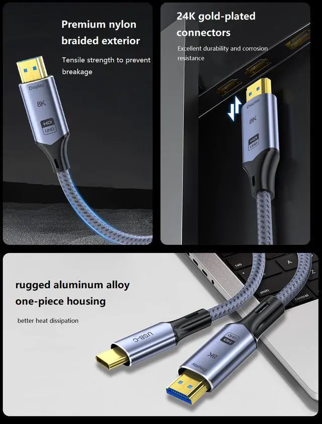 Alt view image 3 of 7 - CORN USB C to HDMI 2.1 8K Cable(8K@60Hz,4K@144Hz,2K@240Hz), Type-C to HDMI Cord, [Thunderbolt 3/4 Compatible] 48Gbps/HDCP2.3/HDR for iPhone 15,MacBook Pro/Air,iPad Pro,Surface,Dell,HP (3.3FT/1m)
