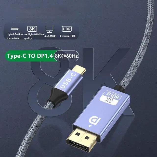 Alt view image 2 of 7 - CORN 8K@60Hz USB C to DisplayPort 1.4 Cable (8K@60Hz, 4K@144Hz, 2K@240Hz), 32.4Gbps, USB-C to DP Cable Compatible for iPhone 16/15,MacBook Pro/Air,Odyssey G8/G9 (3.3FT/1m)