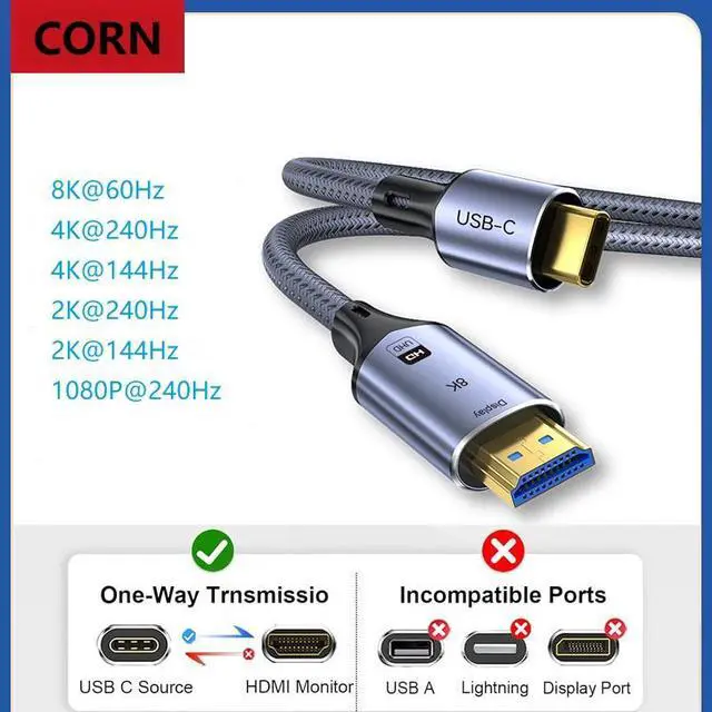 Alt view image 2 of 7 - CORN USB C to HDMI 2.1 8K Cable(8K@60Hz,4K@144Hz,2K@240Hz), Type-C to HDMI Cord, [Thunderbolt 3/4 Compatible] 48Gbps/HDCP2.3/HDR for iPhone 15,MacBook Pro/Air,iPad Pro,Surface,Dell,HP (6.6FT/2m)