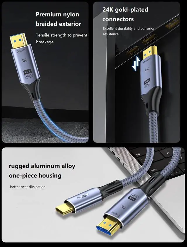 Alt view image 3 of 7 - CORN USB C to HDMI 2.1 8K Cable(8K@60Hz,4K@144Hz,2K@240Hz), Type-C to HDMI Cord, [Thunderbolt 3/4 Compatible] 48Gbps/HDCP2.3/HDR for iPhone 15,MacBook Pro/Air,iPad Pro,Surface,Dell,HP (6.6FT/2m)
