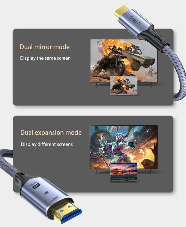 Alt view image 4 of 7 - CORN USB C to HDMI 2.1 8K Cable(8K@60Hz,4K@144Hz,2K@240Hz), Type-C to HDMI Cord, [Thunderbolt 3/4 Compatible] 48Gbps/HDCP2.3/HDR for iPhone 15,MacBook Pro/Air,iPad Pro,Surface,Dell,HP (6.6FT/2m)
