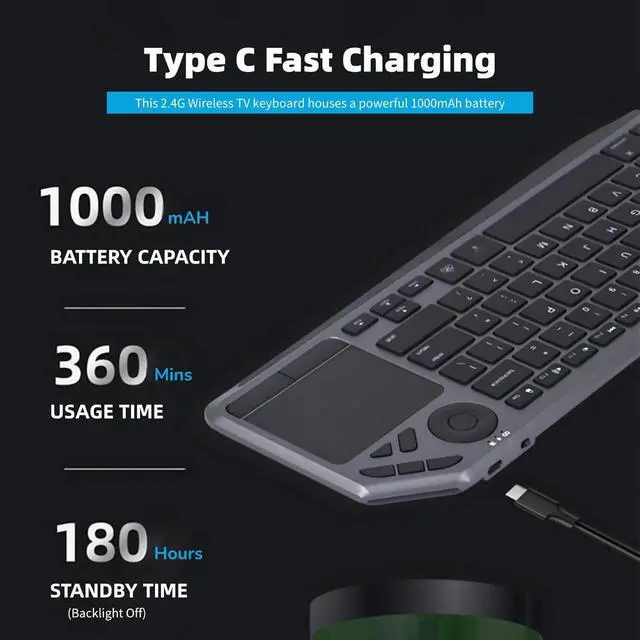 Alt view image 4 of 6 - Multi-Device Wireless Bluetooth Keyboard with Multi-Touch Touchpad-Wireless TV Keyboard,Support 3 Devices for TV,Windows, Android, Chrome OS, Laptop,Grey