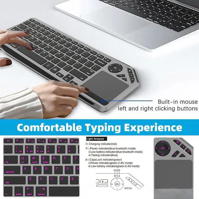 Alt view image 3 of 6 - Multi-Device Wireless Bluetooth Keyboard with Multi-Touch Touchpad-Wireless TV Keyboard,Support 3 Devices for TV,Windows, Android, Chrome OS, Laptop,Grey