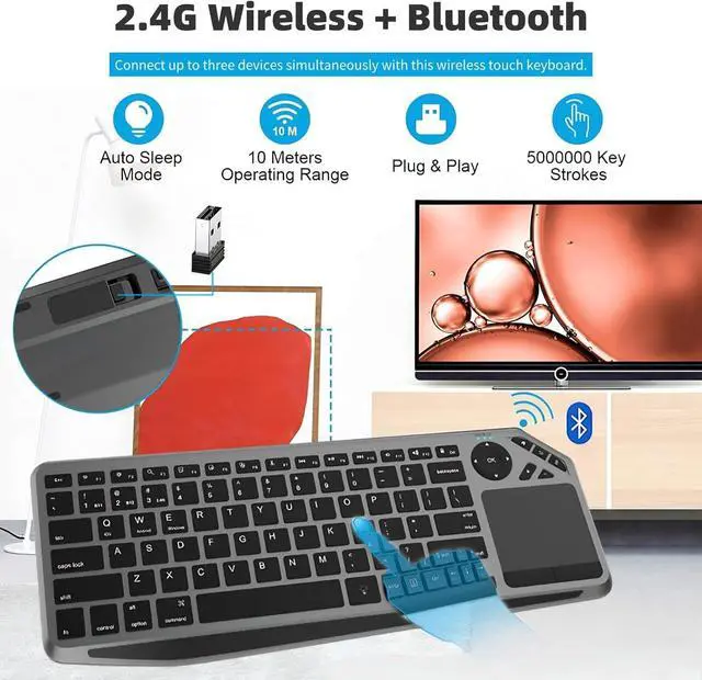 Alt view image 2 of 6 - Multi-Device Wireless Bluetooth Keyboard with Multi-Touch Touchpad-Wireless TV Keyboard,Support 3 Devices for TV,Windows, Android, Chrome OS, Laptop,Grey