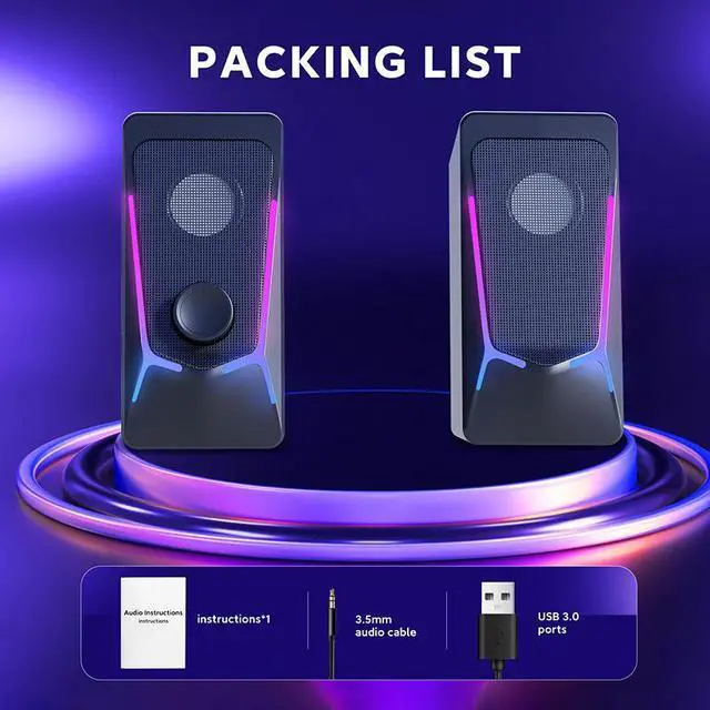 Alt view image 6 of 6 - Computer Speakers, Gaming Desktop Speakers with Color Backlit, 6W USB Powered Volume Control Speakers, 2.0 Stereo Laptop Speaker, Bluetooth&USB Audio for PC, Monitor, Mac, Tablet, Phone