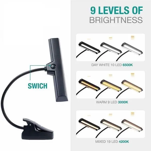 Alt view image 2 of 5 - CORN Clip On Book Lights Music Light Stand 19 LED Orchestra Lamp Adjustable Neck Reading Light Rechargeable USB Desk Lamp 3000k-4200k-6500k