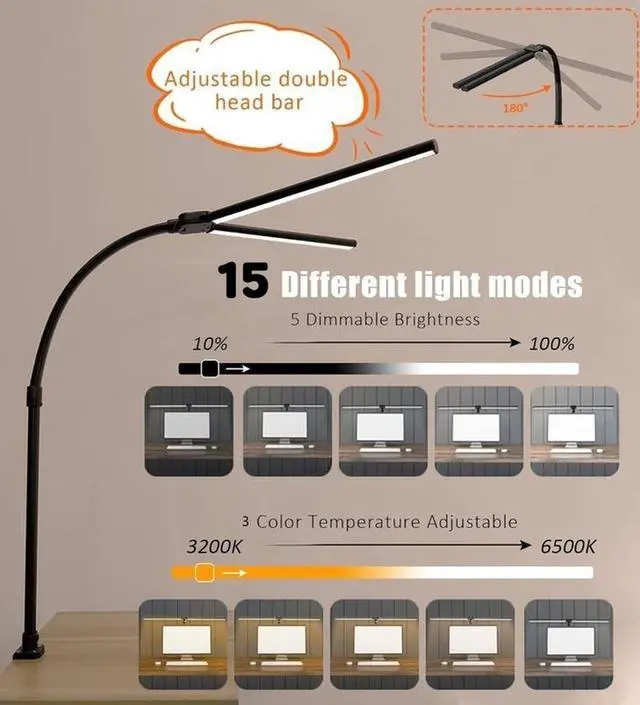 Alt view image 6 of 6 - Double Head LED Desk Lamp with Remote Control for Home Office 13W Brightest Computer Desk Light for Workbench Drafting Architect Study Reading with Anti-Glare Cover