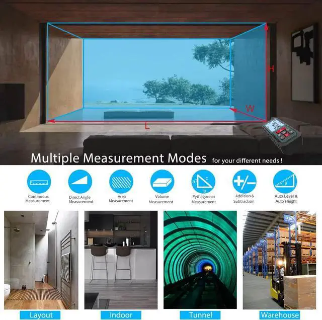 Alt view image 5 of 6 - Laser Measure Device, 196ft Digital Laser Tape Measure with Upgrade Electronic Angle Sensor, 2mm Accuracy, Area Measurement,Volume and Pythagoras, 2" LCD Backlit,Mute