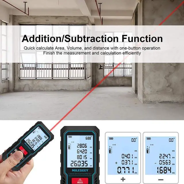 Alt view image 3 of 6 - Laser Measure Device, 196ft Digital Laser Tape Measure with Upgrade Electronic Angle Sensor, 2mm Accuracy, Area Measurement,Volume and Pythagoras, 2" LCD Backlit,Mute