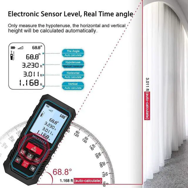 Alt view image 2 of 6 - Laser Measure Device, 196ft Digital Laser Tape Measure with Upgrade Electronic Angle Sensor, 2mm Accuracy, Area Measurement,Volume and Pythagoras, 2" LCD Backlit,Mute