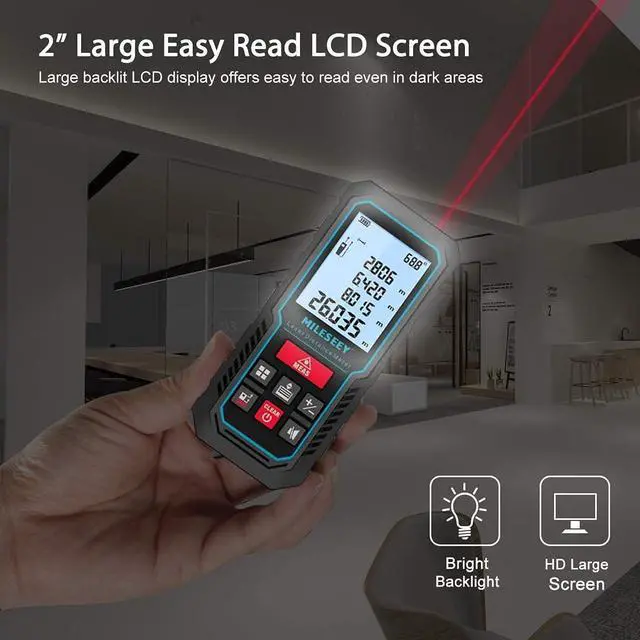 Alt view image 6 of 6 - Laser Measure Device, 196ft Digital Laser Tape Measure with Upgrade Electronic Angle Sensor, 2mm Accuracy, Area Measurement,Volume and Pythagoras, 2" LCD Backlit,Mute