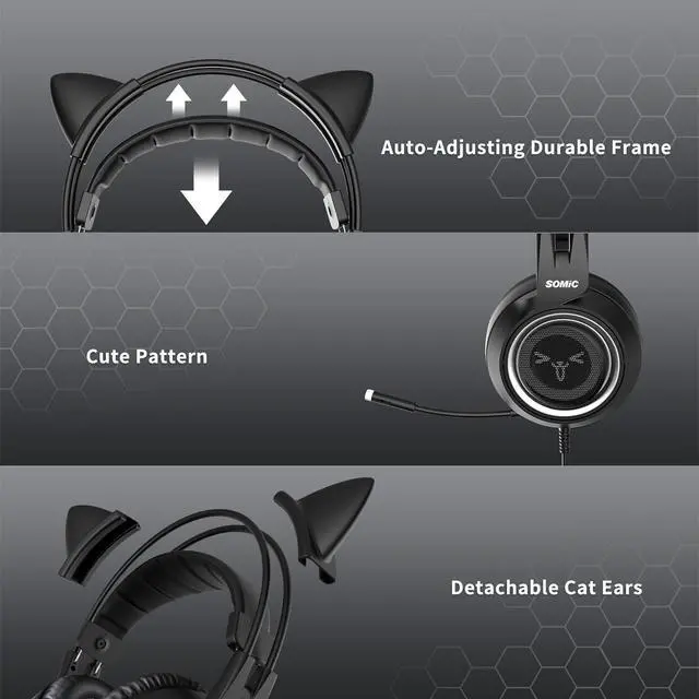 Alt view image 5 of 7 - Corn Stereo Gaming Headset with Mic for PS4, PS5, Xbox One, PC, Mobile Phone, 3.5MM Sound Detachable Cat Ear Headphones Lightweight Self-Adjusting Over Ear Office Headphones G951S Black