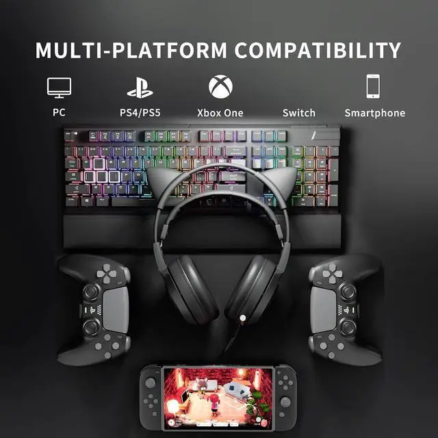 Alt view image 4 of 7 - Corn Stereo Gaming Headset with Mic for PS4, PS5, Xbox One, PC, Mobile Phone, 3.5MM Sound Detachable Cat Ear Headphones Lightweight Self-Adjusting Over Ear Office Headphones G951S Black