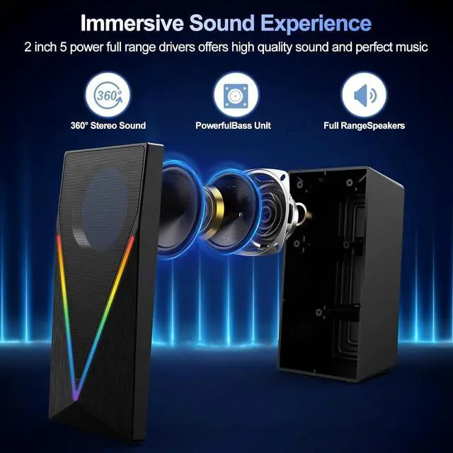 Alt view image 3 of 7 - RGB Desktop Speakers with Enhanced Bass, Volume Control & 6 Colorful Lights - USB Powered & 3.5mm Aux Gaming Speakers for Laptop, PC, Tablet, Phone