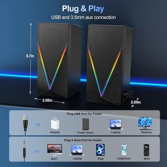 Alt view image 7 of 7 - RGB Desktop Speakers with Enhanced Bass, Volume Control & 6 Colorful Lights - USB Powered & 3.5mm Aux Gaming Speakers for Laptop, PC, Tablet, Phone