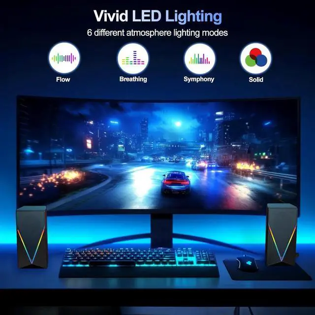 Alt view image 2 of 7 - RGB Desktop Speakers with Enhanced Bass, Volume Control & 6 Colorful Lights - USB Powered & 3.5mm Aux Gaming Speakers for Laptop, PC, Tablet, Phone