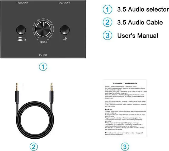 Alt view image 3 of 7 - 3.5mm Stereo Audio Switch Audio Switcher Passive Speaker Headphone Manual Selector Audio Sharing 2 In 1 Out /1 In 2 Out Noiseless Splitter Box