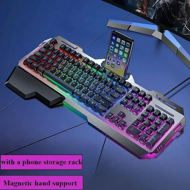 Alt view image 2 of 6 - Professional Gaming Keyboard Rainbow LED Backlit with Phone Holder Removable Hand Rest Mechanical Feel 104 Keys Waterproof for PC Laptop Grey