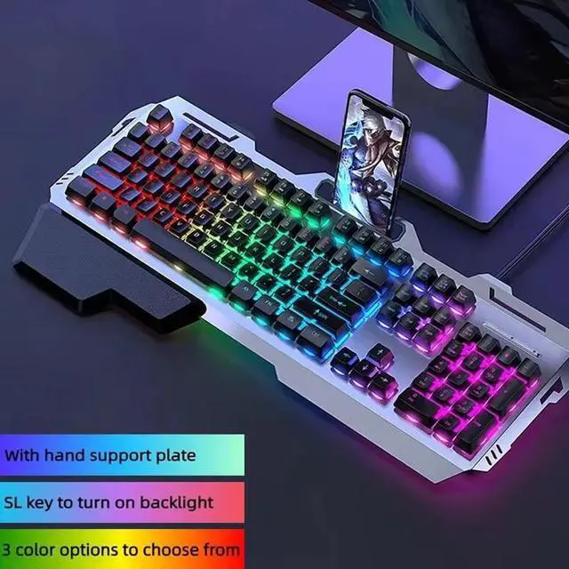 Main image of Professional Gaming Keyboard Rainbow LED Backlit with Phone Holder Removable Hand Rest Mechanical Feel 104 Keys Waterproof for PC Laptop Grey