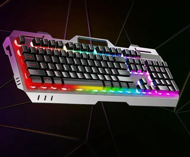 Alt view image 5 of 6 - Professional Gaming Keyboard Rainbow LED Backlit with Phone Holder Removable Hand Rest Mechanical Feel 104 Keys Waterproof for PC Laptop Grey