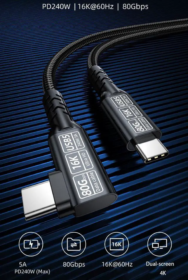 Alt view image 5 of 7 - 90 Degrees 80 Gbps Data Transfer,Short USB 5 Cable, Supports 16K/Dual8K HD Display, 240W Charging USB c to USB c Monitor Cable, Compatible with Thunderbolt 5, Thunderbolt 4,Right Angle