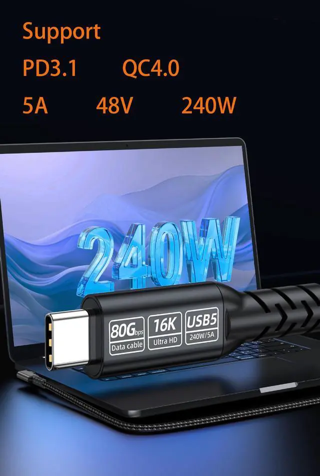 Alt view image 4 of 7 - 90 Degrees 80 Gbps Data Transfer,Short USB 5 Cable, Supports 16K/Dual8K HD Display, 240W Charging USB c to USB c Monitor Cable, Compatible with Thunderbolt 5, Thunderbolt 4,Right Angle