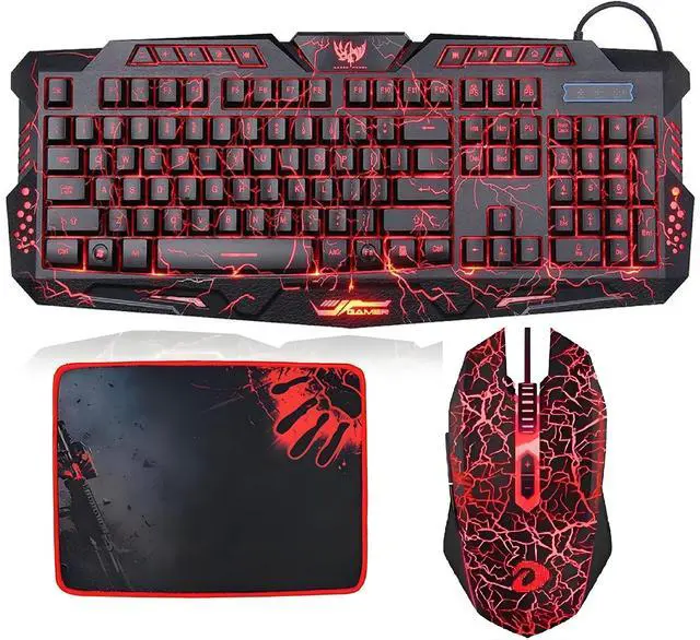 Main image of Crack Backlit Gaming Keyboard and Mouse Combo,114 Keys USB Wired Mechanical Feeling Crack 
 Keyboard,3 Color Blue/Red/Purple LED Backlit,6 color Gaming Mouse and Pad for Computer Gamer Office