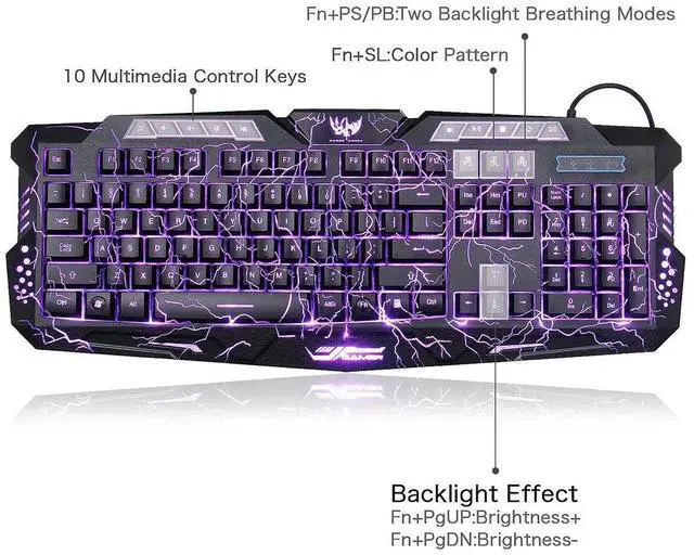 Alt view image 5 of 6 - Crack Backlit Gaming Keyboard and Mouse Combo,114 Keys USB Wired Mechanical Feeling Crack 
 Keyboard,3 Color Blue/Red/Purple LED Backlit,6 color Gaming Mouse and Pad for Computer Gamer Office
