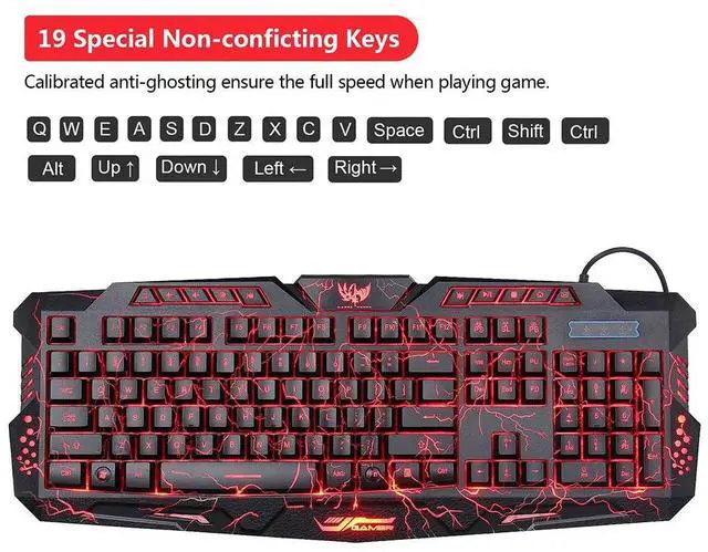 Alt view image 4 of 6 - Crack Backlit Gaming Keyboard and Mouse Combo,114 Keys USB Wired Mechanical Feeling Crack 
 Keyboard,3 Color Blue/Red/Purple LED Backlit,6 color Gaming Mouse and Pad for Computer Gamer Office